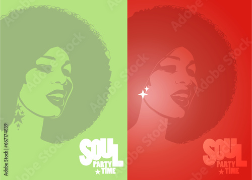 Beautiful woman with afro style curly hair, acid colors. Psychedelic makeup. Poster music soul, funk or disco style 60s or 70s