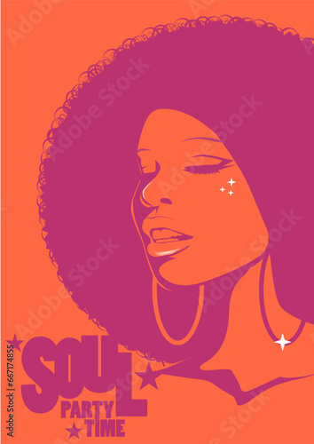 Beautiful woman with afro style curly hair, acid colors. Psychedelic makeup. Poster music soul, funk or disco style 60s or 70s