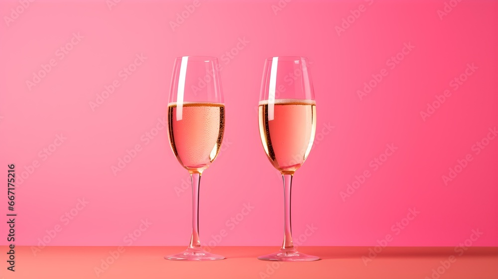Two isolated Champagne Glasses in front of an hot pink Background. Festive Template for Holidays and Celebrations Two isolated Champagne Glasses in front of an hot pink Background. Festive Template for Holidays and Celebrations