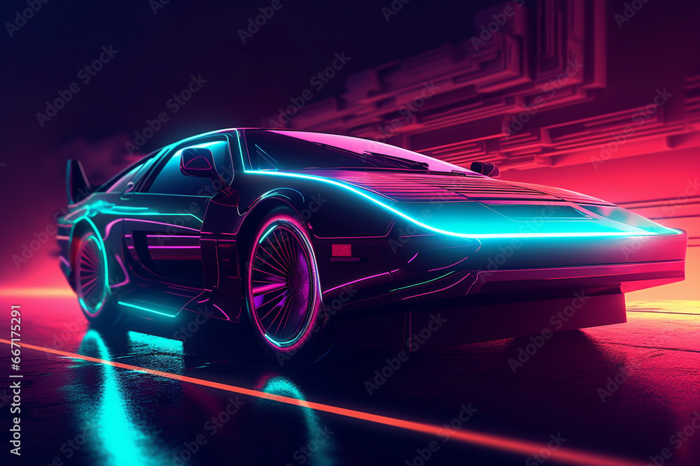 3D rendering of a futuristic sports car with neon lights on a dark background 3D rendering of a futuristic sports car with neon lights on a dark background