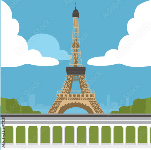 Vector illustration background with Eiffel Tower in Paris. World famous France tourist attraction symbol. International landmarks design postcard or travel poster photo
