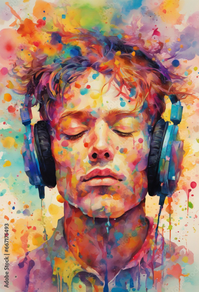 Watercolor painting of a man with headphones