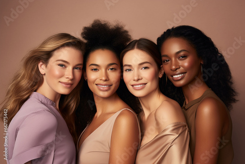 A lively gathering of young women is portrayed in a cheerful and vibrant photograph, emanating joy with a warm purple and brown tone.