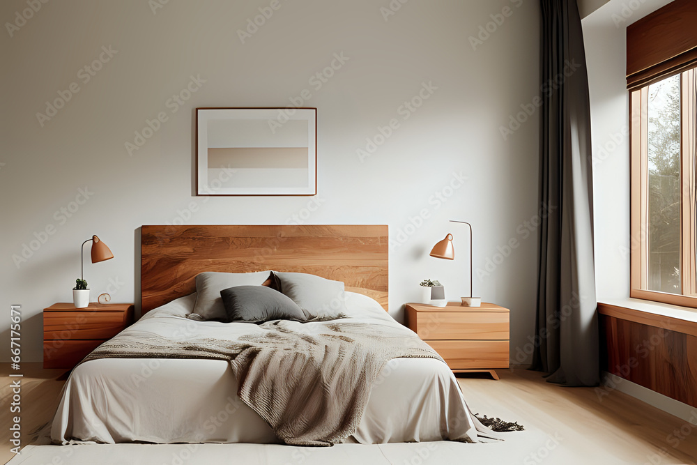 Minimalist bedroom with warm wood tones. Minimalist bedroom with warm wood tones.