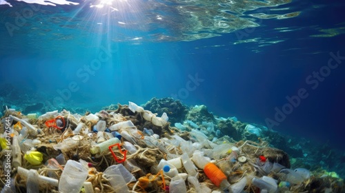 A lot of plastic debris in the ocean water