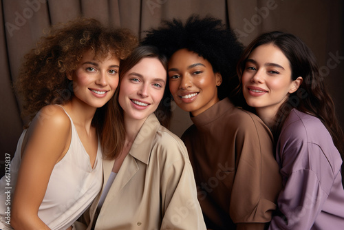 A lively gathering of young women is portrayed in a cheerful and vibrant photograph, emanating joy with a warm purple and brown tone. Generative AI.