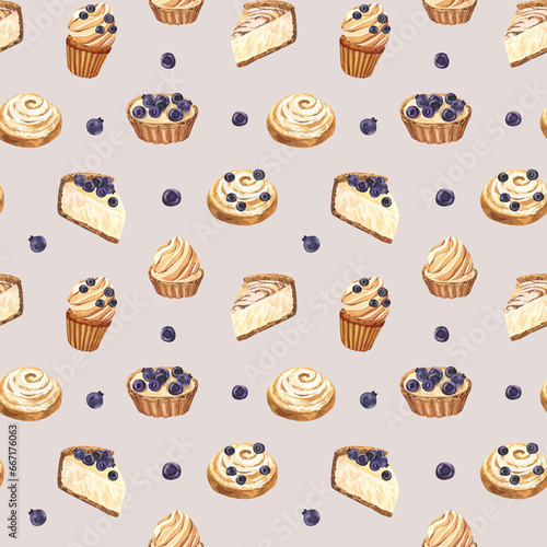 Watercolor seamless pattern dessert muffin, cupcake, tart, bun, cheesecake with blueberry. Hand-drawn illustration on grey background. Perfect food menu, design packing, bakery shop, cooking