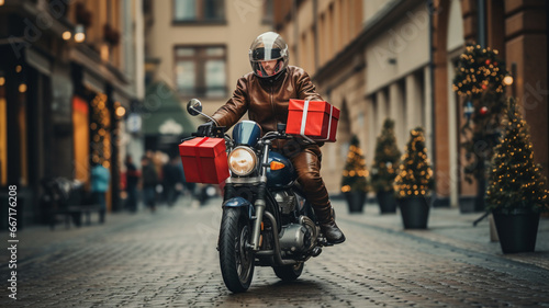 Handsome motorcyclist in leather jacket and helmet with gift boxes on his scooter. generativa IA