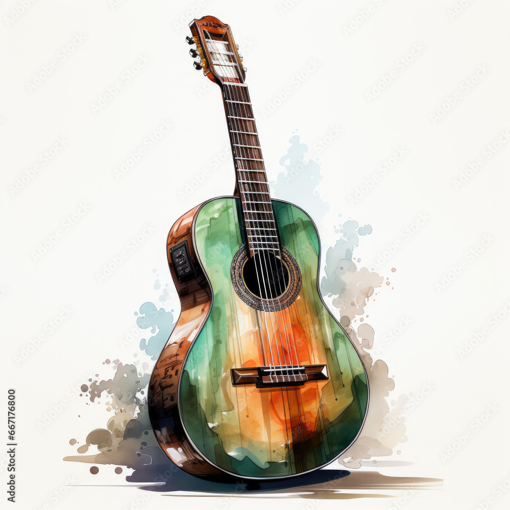 watercolor Guitar Teaclipart, Generative Ai