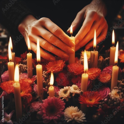 Close-up of hands lighting candles between flowers on graves, representing the act of remembrance. Generative Ai.