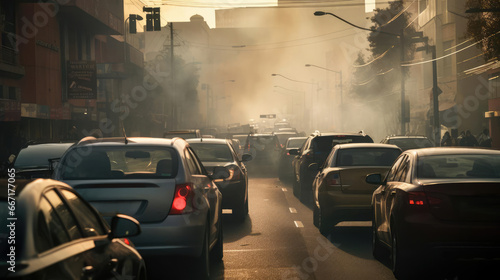 Cars on the street of the city are stuck in a traffic jam. Heavy smoke