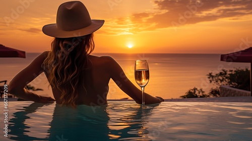 Woman watching the sunset with a cocktail in an infinity pool