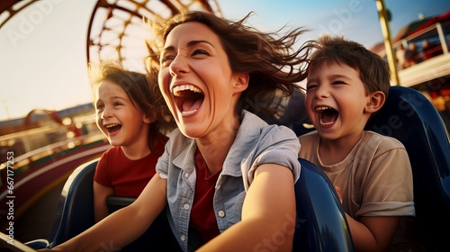 Mother and two children riding a rollercoaster at an amusement park photo
