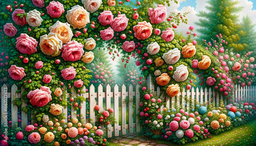 A charming garden fence, where roses climb and weave, their blossoms creating a fragrant and colorful border