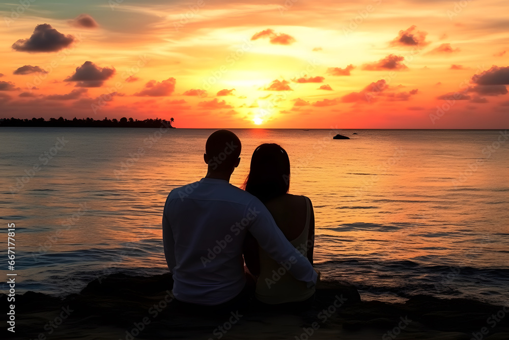 Caucasian couple sitting on rock near sea at sunset