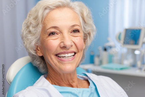 veneers or dentures in senior woman mouth, oral hygiene. ai generative photo