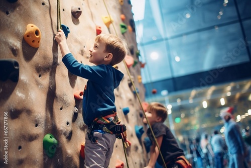 caucasian child boy sports exercises climbing on climbing wall
