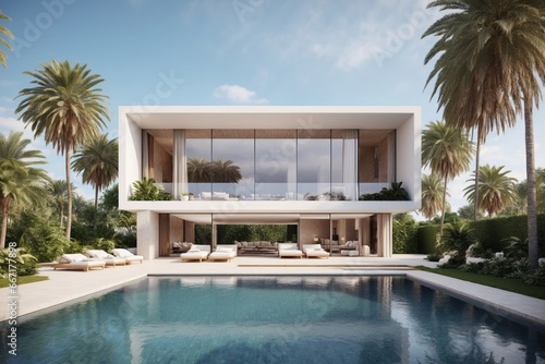 Exterior of modern minimalist cubic villa with swimming pool. ai generative