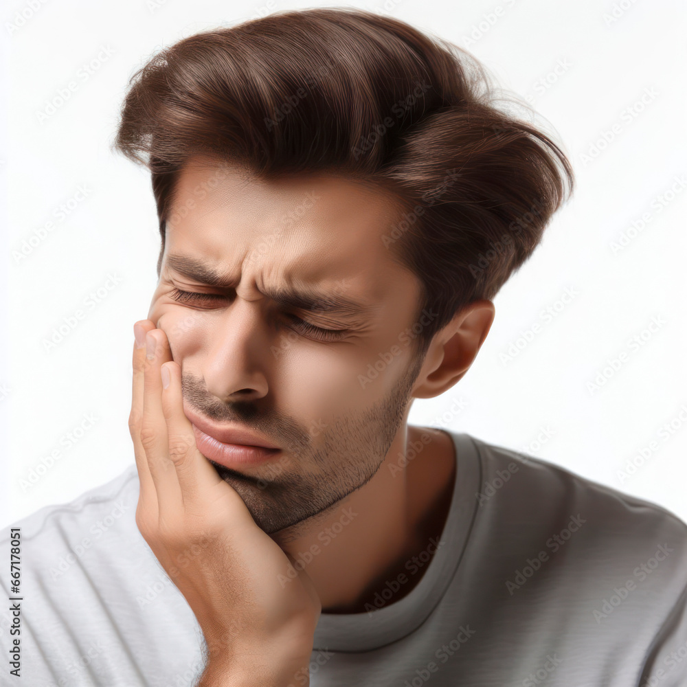 Man suffering from toothache holding his chin with his hand on white background. ai generative Man suffering from toothache holding his chin with his hand on white background. ai generative