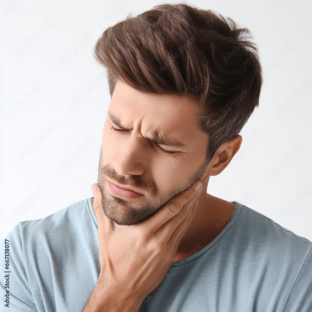 Man suffering from toothache holding his chin with his hand on white background. ai generative Man suffering from toothache holding his chin with his hand on white background. ai generative