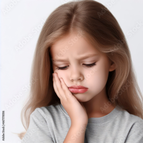 kid suffering from toothache holding her chin with her hand on white background. ai generative