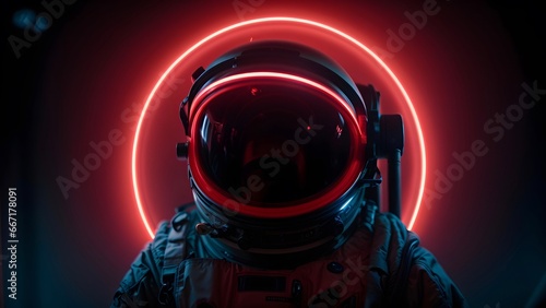 Spaceman or astronaut with circular ring shaped neon light. AI generative