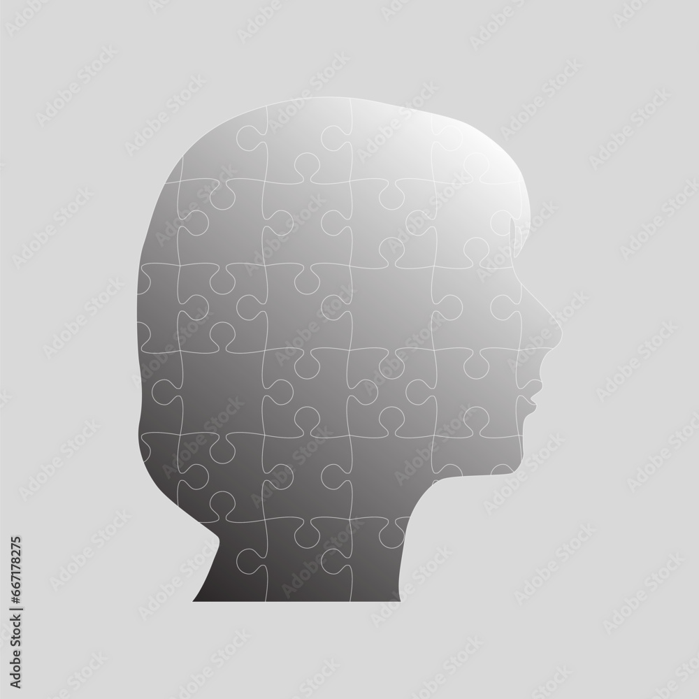 Woman head made puzzle pieces. Strategy, education