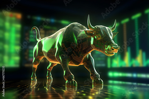 Bull with background of uptrend stock market. Concept of bullish market. AI generative © ZayNyi