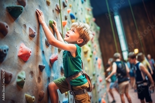 caucasian child boy sports exercises climbing on climbing wall photo