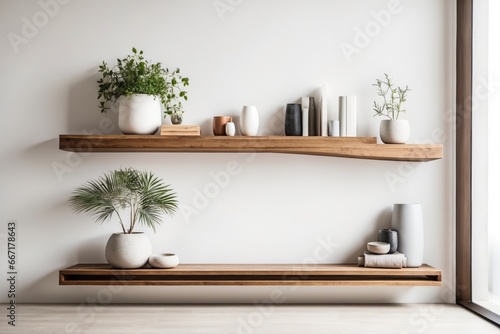 Wood floating shelf on white wall. Storage organization for home. ai generative