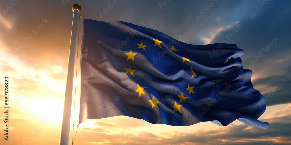 European Union Flag in the Sunset Breeze - obrazy, fototapety, plakaty 
