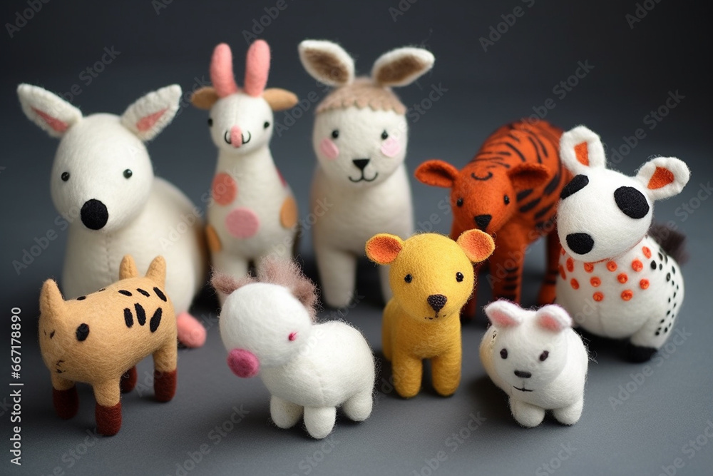 Naklejka premium Handmade felt toy sheeps and goats on a wooden table.