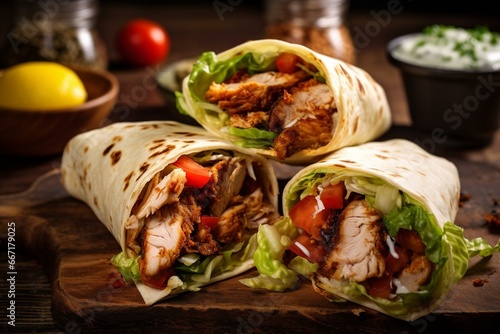 Delicious turkish doner shawarma wraps with chicken, salad, and tortilla sauce. Generative AI
