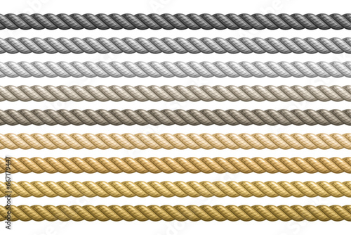 Vector Seamless Rope Set, group of illustration horizontal decorative gray and yellow long ropes, collection of many different vintage plastic ropes on white background