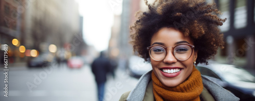 Portrait of happy young woman wearing glasses outdoors