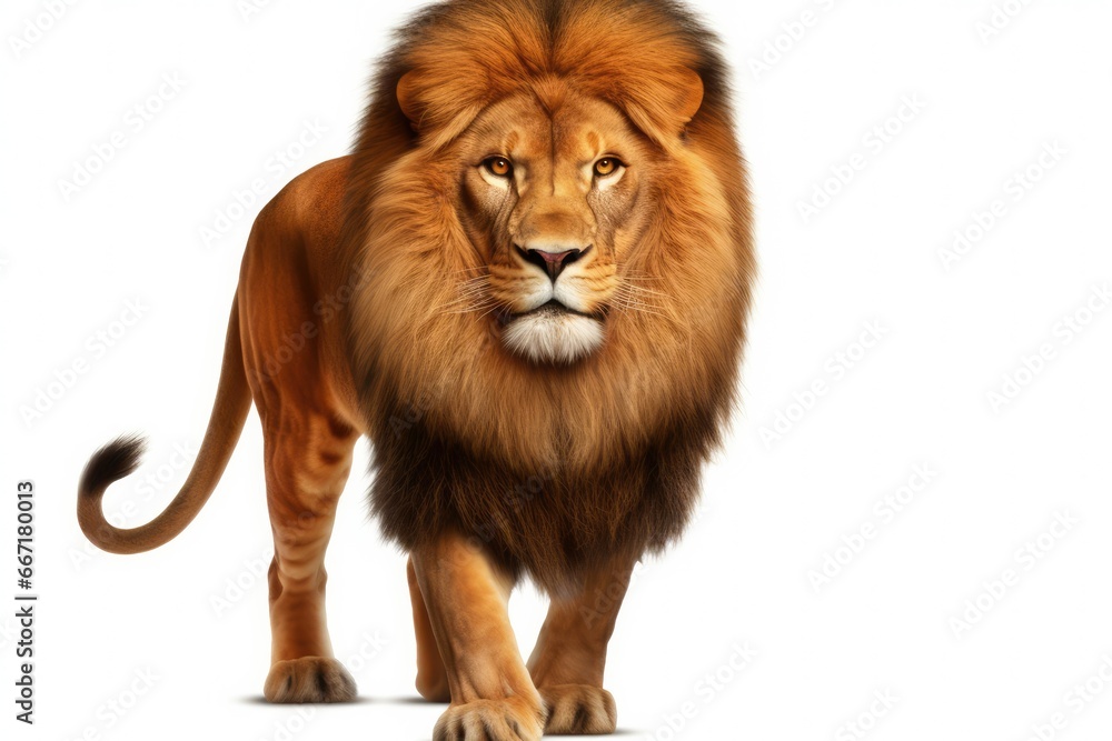 A regal high-key portrait of a powerful lion against a clean white background. The lion's mane, with its intricate details, and its intense gaze, radiate an aura of strength and nobilit