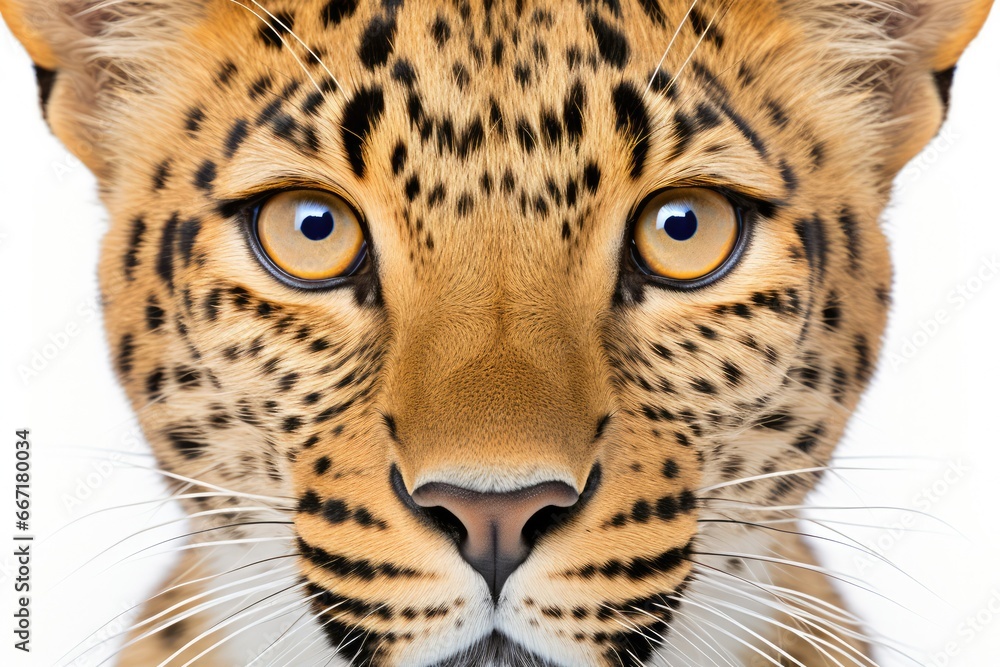A striking high-key portrait of a fierce leopard against a clean white background. The leopard's piercing eyes and sleek fur create a sense of mystery and eleganc