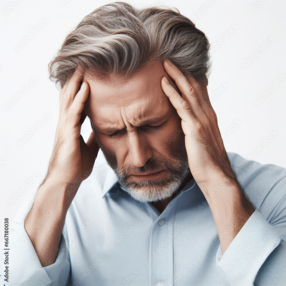 An adult man experiencing a migraine headache isolated on a white background. ai generative An adult man experiencing a migraine headache isolated on a white background. ai generative