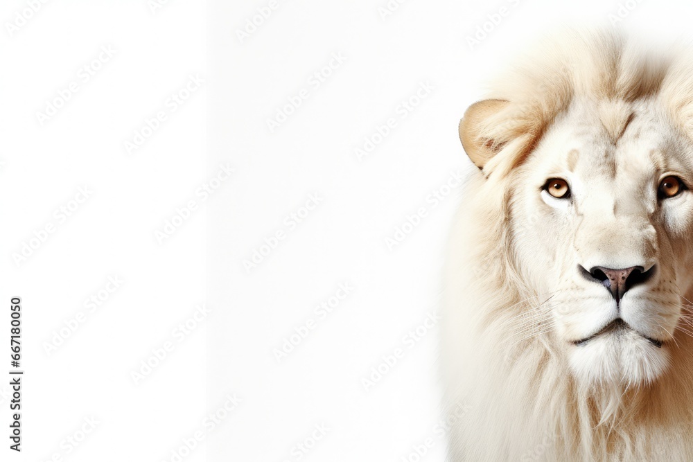 A stunning high-key portrait of a regal lion against a clean white background. The lion's mane flows magnificently, and its piercing eyes exude confidence and powe