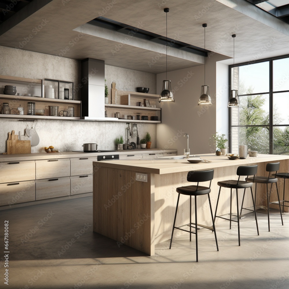 a modern kitchen with wooden cabinets and stools