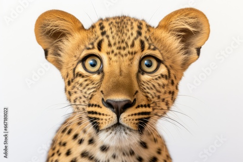 A striking high-key portrait of a fierce leopard against a clean white background. The leopard's piercing eyes and sleek fur create a sense of mystery and eleganc photo
