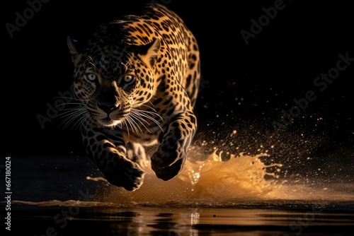 An awe-inspiring high-key portrait of a powerful jaguar against a bright white background. The jaguar's muscular body and piercing eyes exude strength and intensity, making it a captivating subjec photo