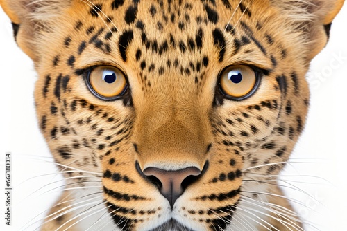 A striking high-key portrait of a fierce leopard against a clean white background. The leopard's piercing eyes and sleek fur create a sense of mystery and eleganc photo