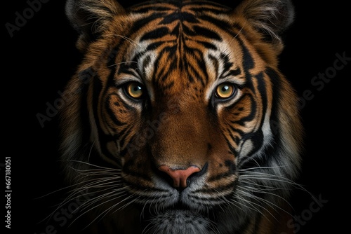 A regal high-key portrait of a tiger with piercing eyes against a bright white backdrop. The tiger s commanding presence and exquisite details showcase the awe-inspiring beauty and power of this magni