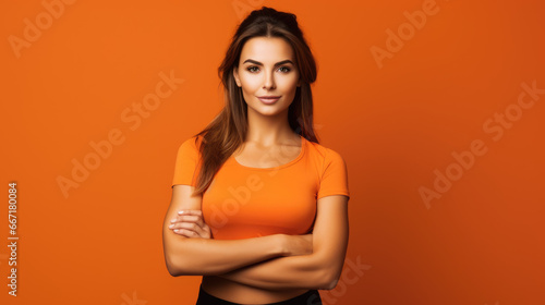 Confident Woman in Fitness Clothes on Orange Background