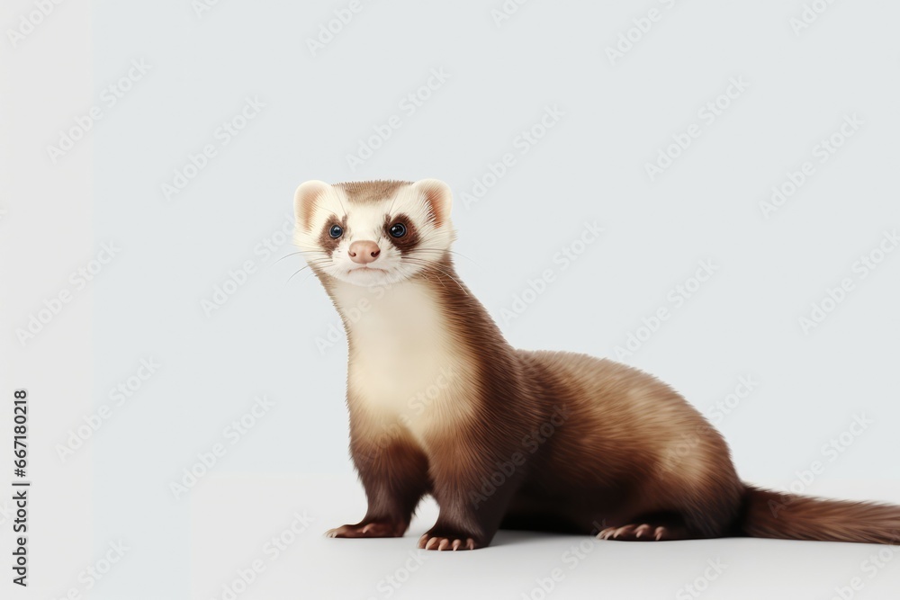 A delightful high-key portrait of a cheerful ferret against a soft white backdrop. The ferret's mischievous eyes and playful expression capture its curious and energetic personalit A delightful high-key portrait of a cheerful ferret against a soft white backdrop. The ferret's mischievous eyes and playful expression capture its curious and energetic personalit
