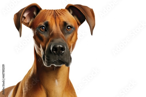 A heartwarming high-key portrait of a loyal dog against a soft white backdrop. The dog s soulful eyes and gentle expression convey a deep bond between humans and animal