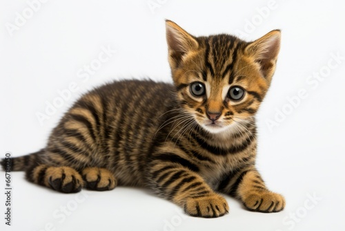 A serene high-key portrait of a contented cat against a soft white backdrop. The cat's peaceful expression and sleek coat create a sense of tranquility and beaut