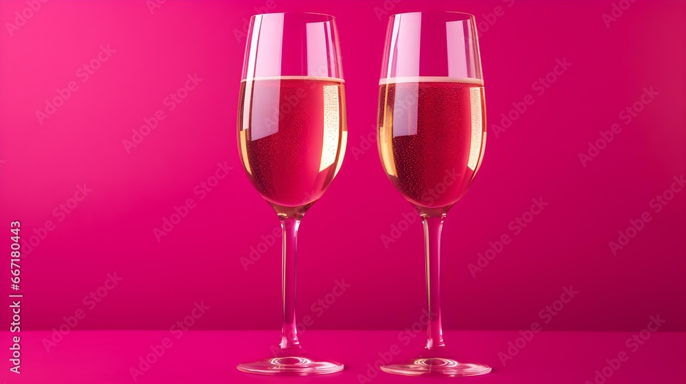 Two isolated Champagne Glasses in front of an magenta Background. Festive Template for Holidays and Celebrations Two isolated Champagne Glasses in front of an magenta Background. Festive Template for Holidays and Celebrations