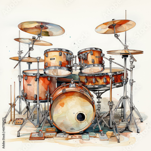 watercolor Drum kit clipart, Generative Ai